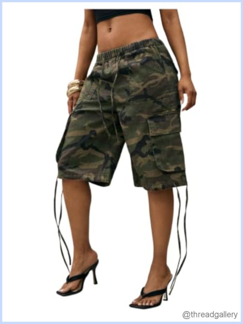 WDIRARA Women's Camo Cargo Bermuda Denim Shorts Drawstring Waist Side Straps